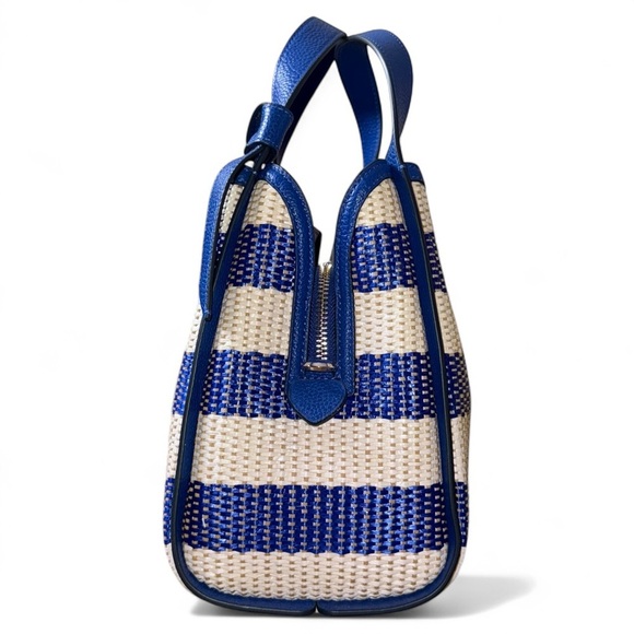 Kate Spade Knott Blue Striped Medium Straw with Leather Trim Crossbody Tote - Picture 10 of 13